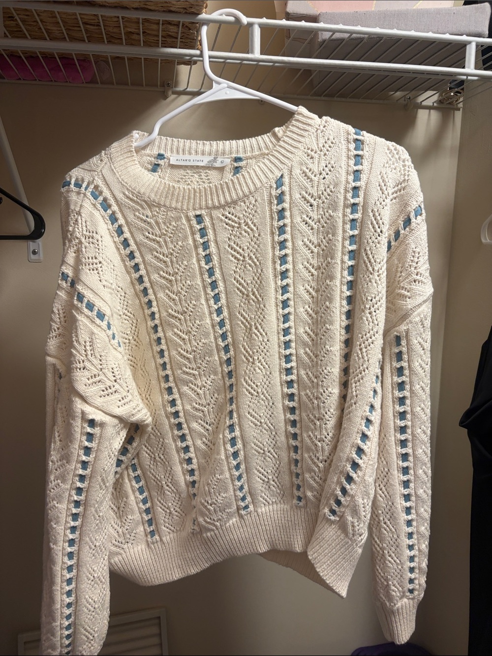 Aritzia Cream Cable-Knit Sweater with Light Blue Ribbon Detail